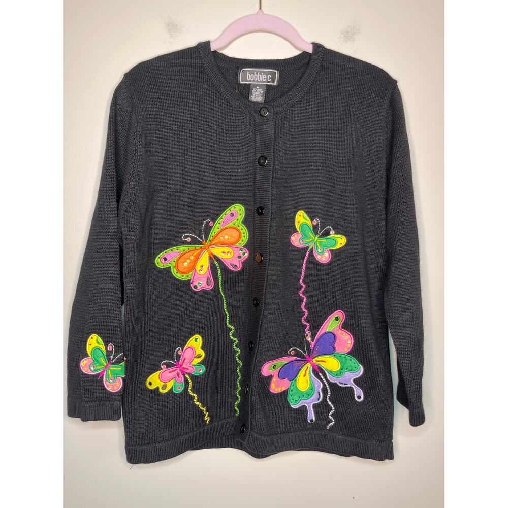 2000s Y2K Bobbie C Rainbow Butterflies Insects Sparkle Kidcore Cardigan M